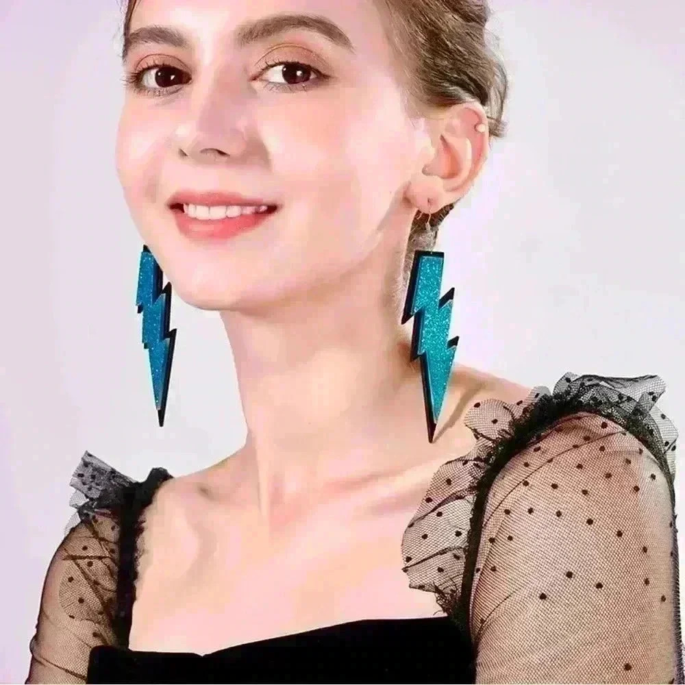 80s Retro Neon Blue Glittery Lightning Earrings, Party  Cosplay Festival Jewelry
